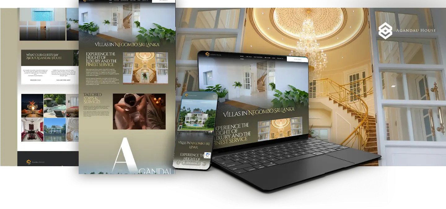 Collage of luxury villa brochures titled 'Villas in Negombo Sri Lanka' with a laptop and phone displaying the ad.