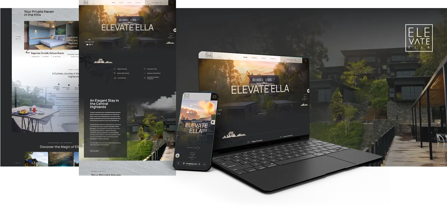Collage of a laptop and smartphone displaying the Elevate Ella real estate website against a hillside home background, illustrating a luxury property promo.”,