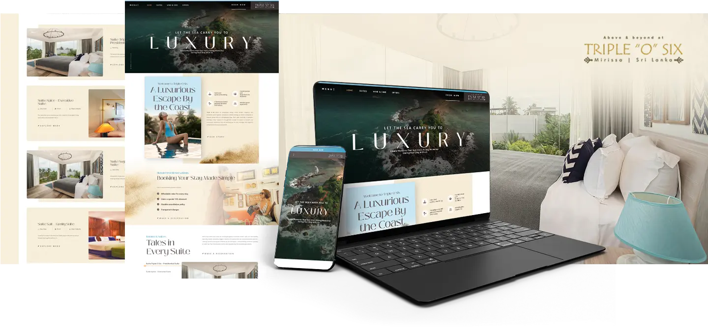 Collage showing a luxury hotel website design across devices (laptop, tablet, and phone) with coastal imagery and a bright hotel room backdrop.