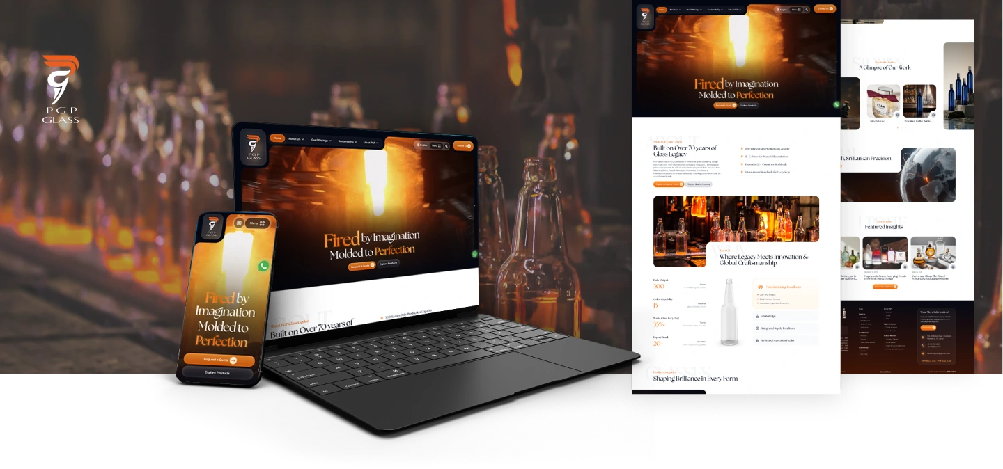 Composite showing a responsive website design on laptop, tablet, and smartphone for a glass company with warm orange branding and a glass-bottle background.